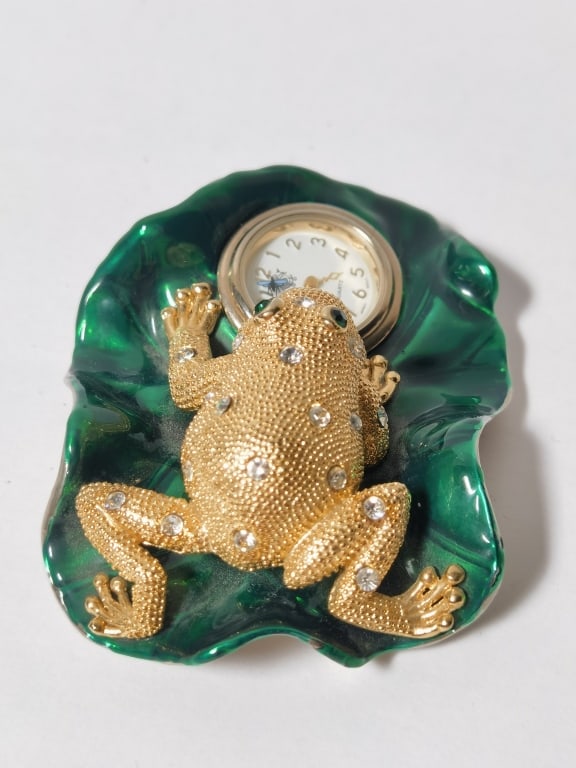 Rhinestone Enameled Frog Table Clock - 2