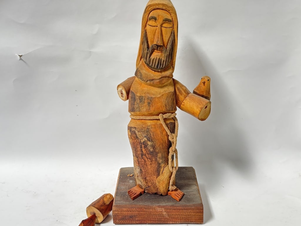 Vintage Joe Ortega Wood Carved St. Francis Sculptu: Vintage Joe Ortega Wood Carved St. Francis Sculpture, 15in by 7in