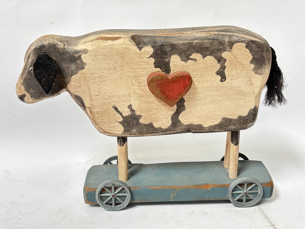 Vintage Hand Carved Cow Pull Toy, Signed: Vintage Hand Carved Cow Pull Toy, Signed, 17.5in by 11in