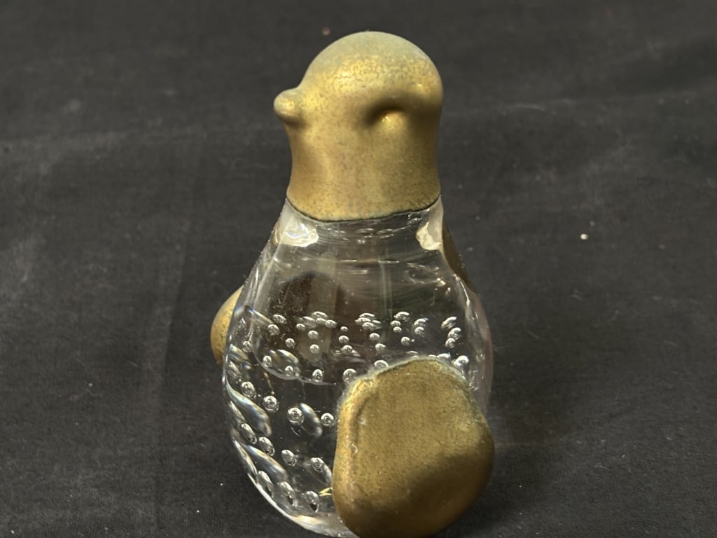 Vintage Murano Style Gold Chrome Bubble Glass Bird: Vintage Murano Style Gold Chrome Bubble Glass Bird Paperweight, 3.75in