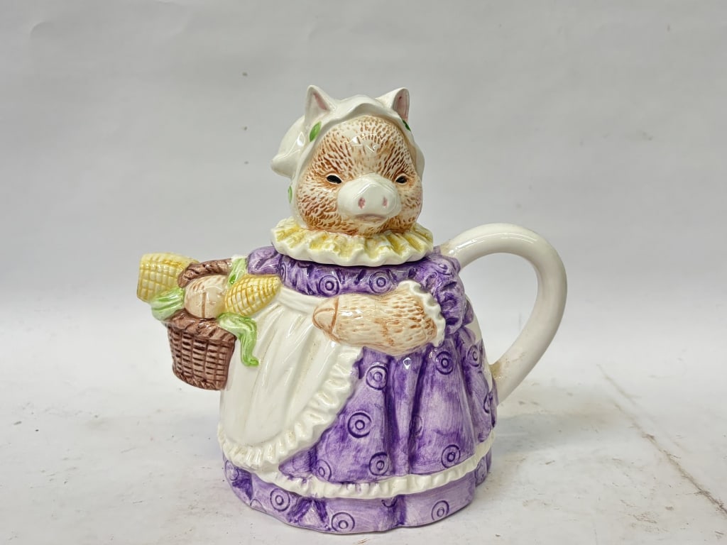 Vintage Porcelain Pig Lady Teapot: Vintage Porcelain Pig Lady Teapot, 6.5in by 5.75in