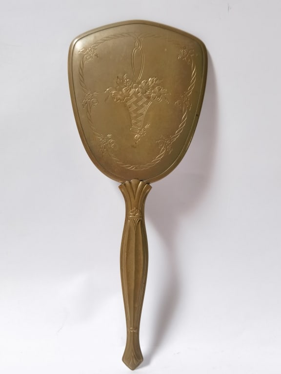 Vintage Etched Brass Hand Mirror: Vintage Etched Brass Hand Mirror, 13.5in by 5.25in