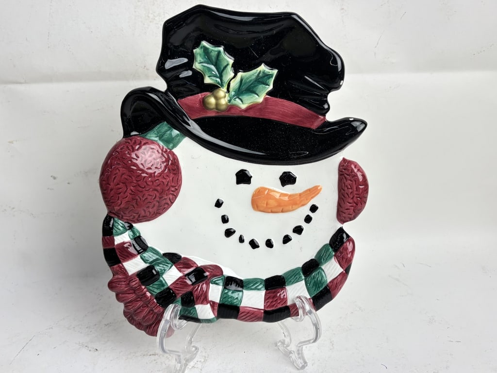 Vintage Fitz & Floyd Porcelain Snowman Dish: Vintage Fitz & Floyd Porcelain Snowman Dish, 10.5in