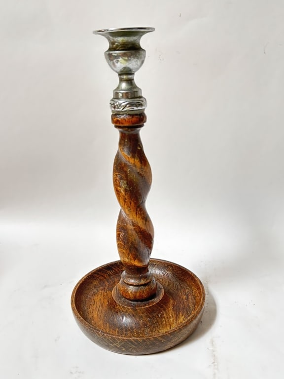 Antique English Oak Carved Twist Silver Tip Candle: Antique English Oak Carved Twist Silver Tip Candlestick, 10in
