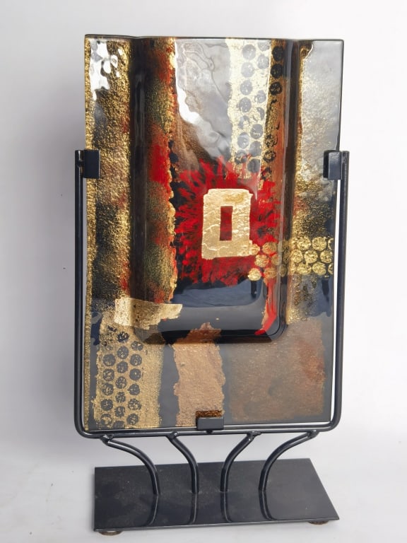 Vintage Fused Art Glass Colorblock Vase: Vintage Fused Art Glass Colorblock Vase, 8in