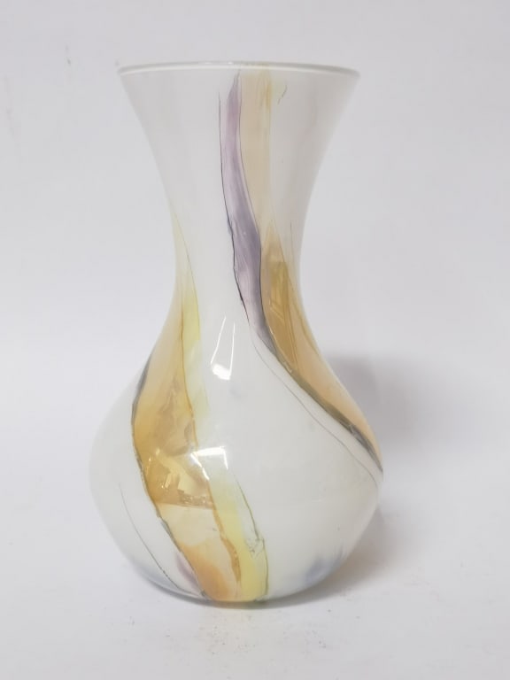 Amethyst and Amber Swirl Glass Vase: Amethyst and Amber Swirl Glass Vase, 7.5in