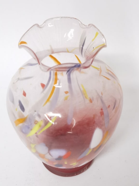 Splatter Ruby Clear Glass Ruffled Rim Vase - 3