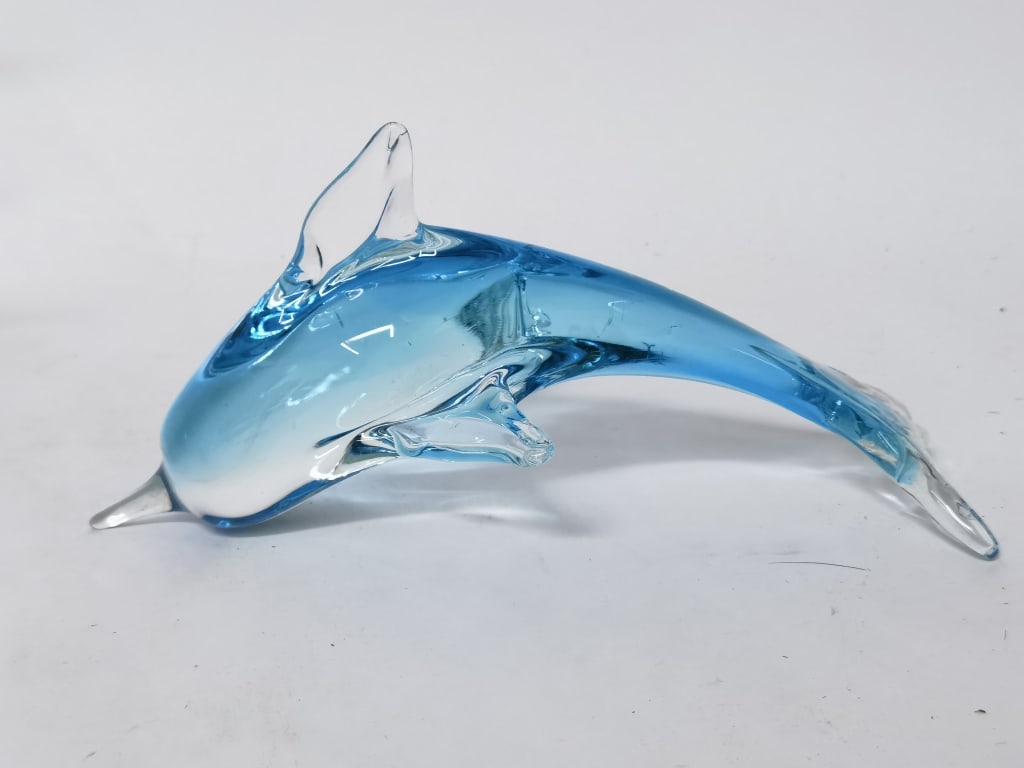 Vintage Murano Italy Blue Art Glass Dolphin: Vintage Murano Italy Blue Art Glass Dolphin, 4.75in by 10in