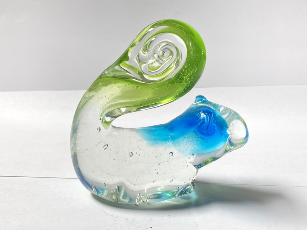 Unmarked Blue/Green Squirrel Glass Paperweight (1 of 3)