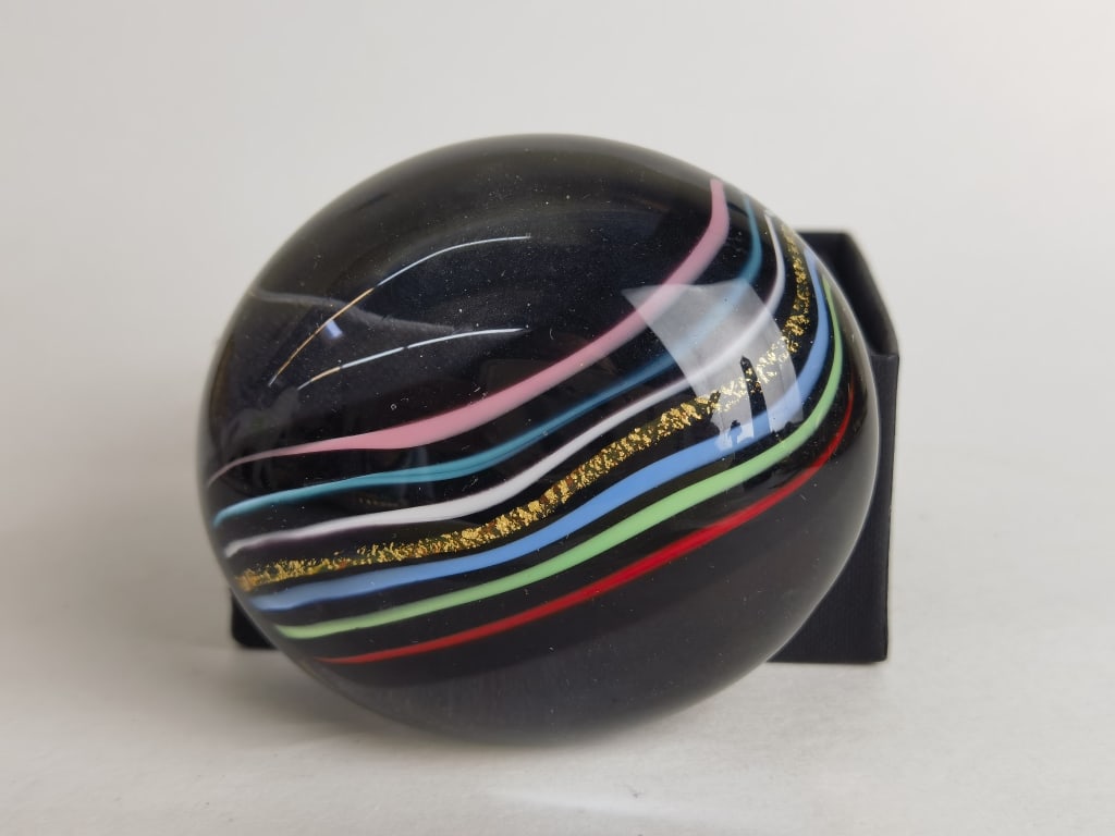 Dorchester Collection Colored Stripe Glass Paperwe: Dorchester Collection Colored Stripe Glass Paperweight, 3 1/8in by 2.75in