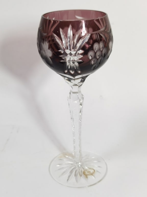 Vintage Hungary Amethyst Cut-to-Clear Wine Glass: Vintage Hungary Amethyst Cut-to-Clear Wine Glass, 8.5in