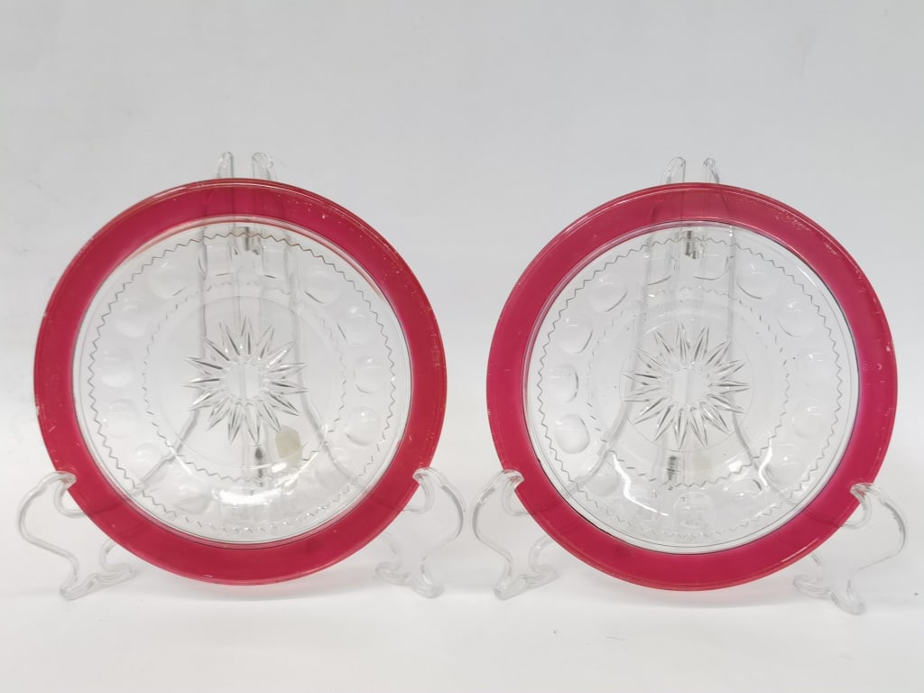(2) Vintage King's Crown Tiffin Cranberry/Clear Gs: (2) Vintage King's Crown Tiffin Cranberry/Clear Glass Plates, 7.5in