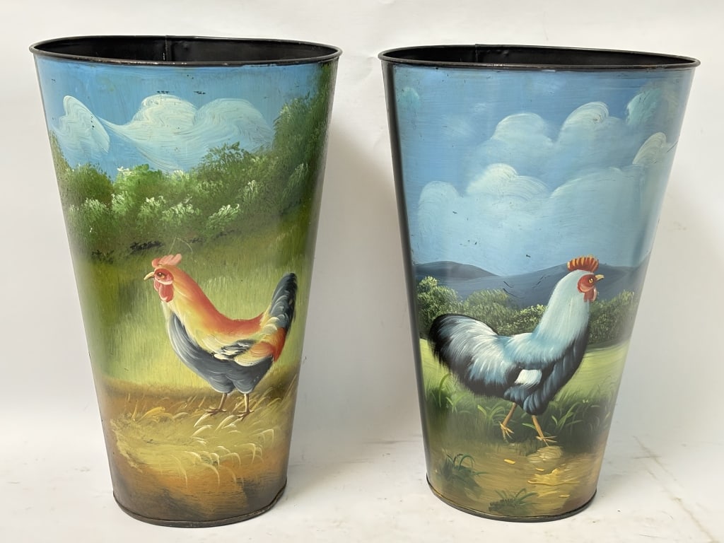 (2) Vintage Metal Hand Painted Rooster Flower Pots: (2) Vintage Metal Hand Painted Rooster Flower Pots, 10.5in by 7in