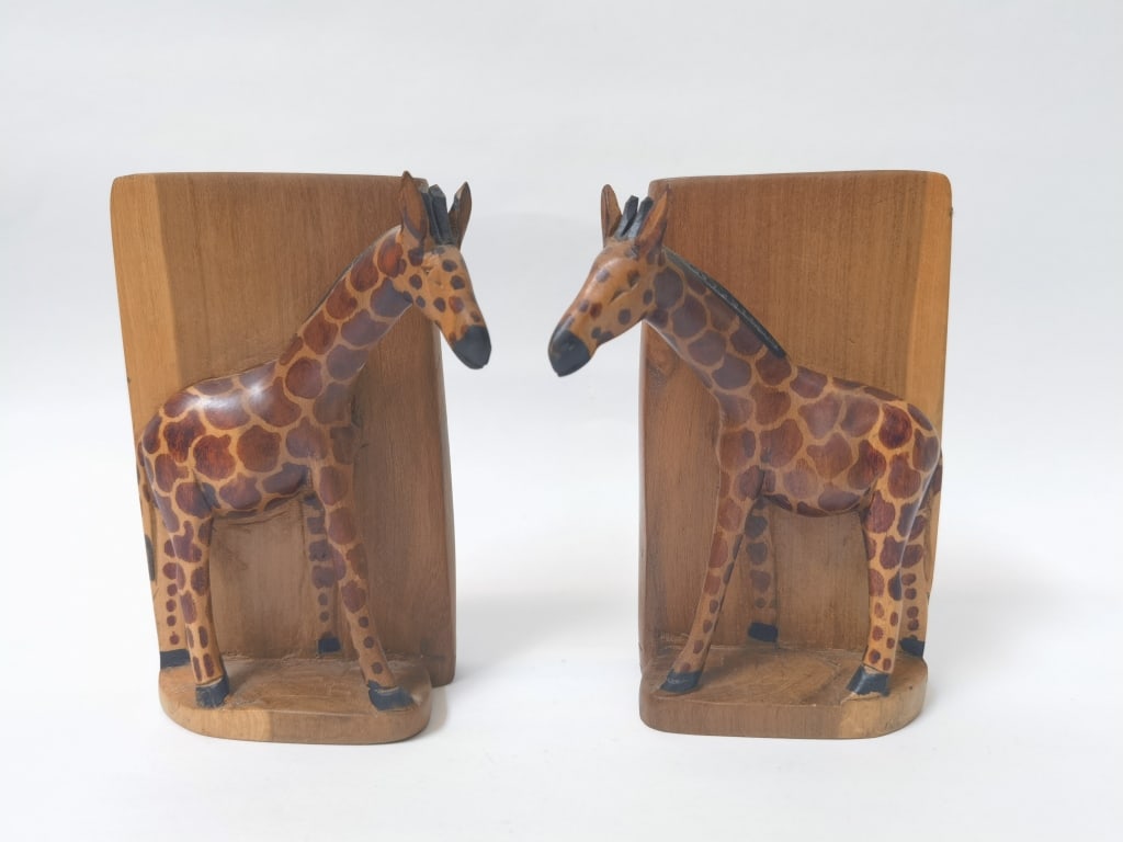 Pr. of Wood Carved Giraffe Bookends: Pr. of Wood Carved Giraffe Bookends, 6in by 4in