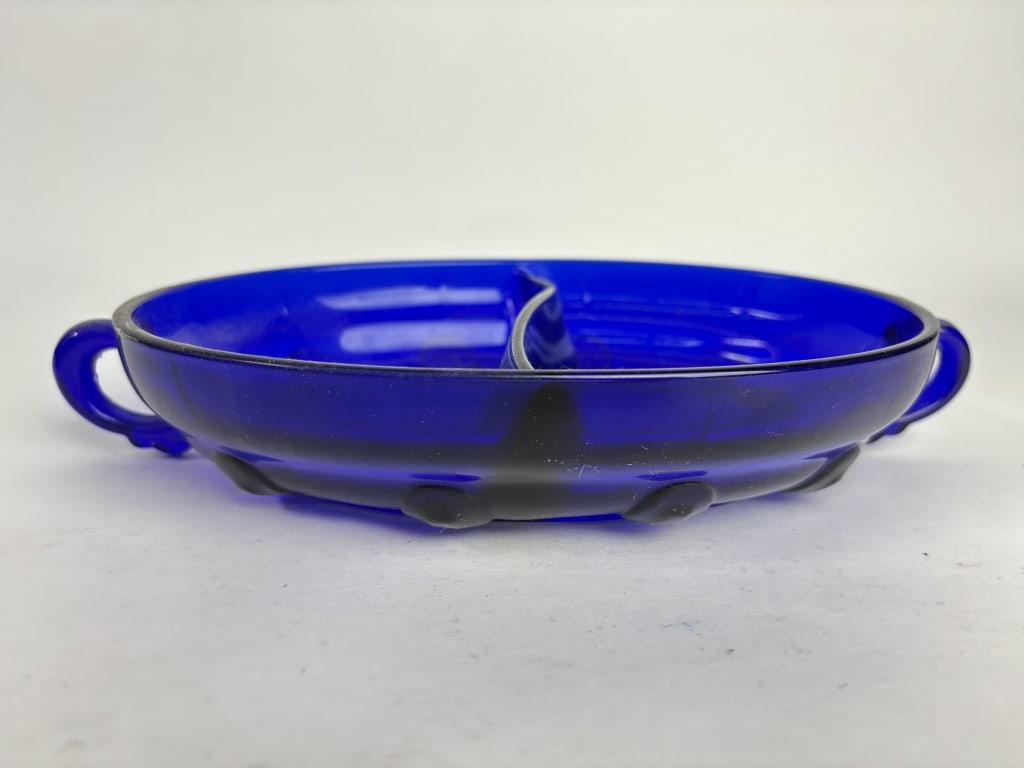 Cobalt Blue Glass Double-Handle Sectioned Oval Dis (1 of 3)