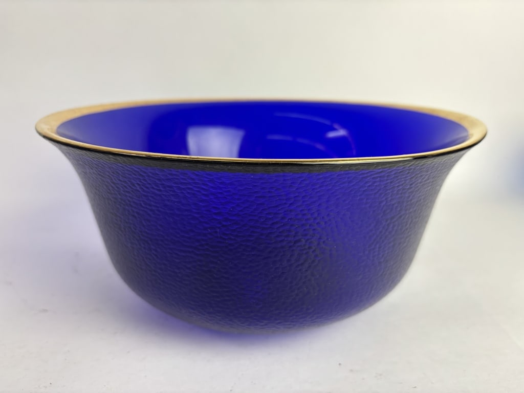 Dalzell Viking Gilt Cobalt Blue Glass Bowl: Dalzell Viking Gilt Cobalt Blue Glass Bowl, 10.25in by 4 5/8in