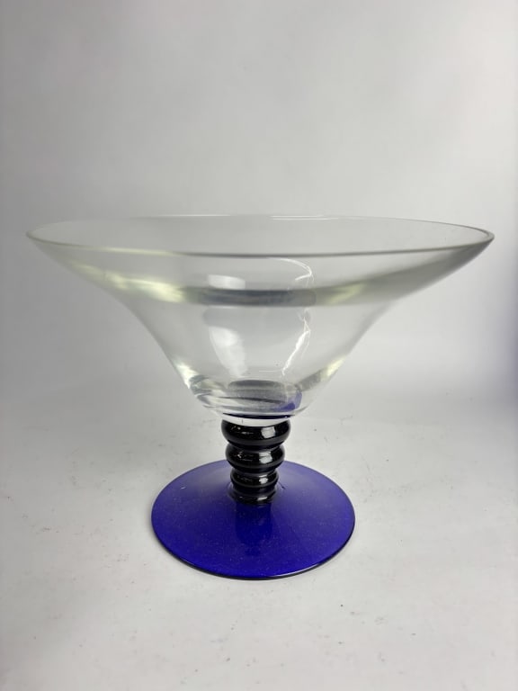 Clear and Cobalt Blue Glass Pedestal Bowl: Clear and Cobalt Blue Glass Pedestal Bowl, 9.5in by 7.25in