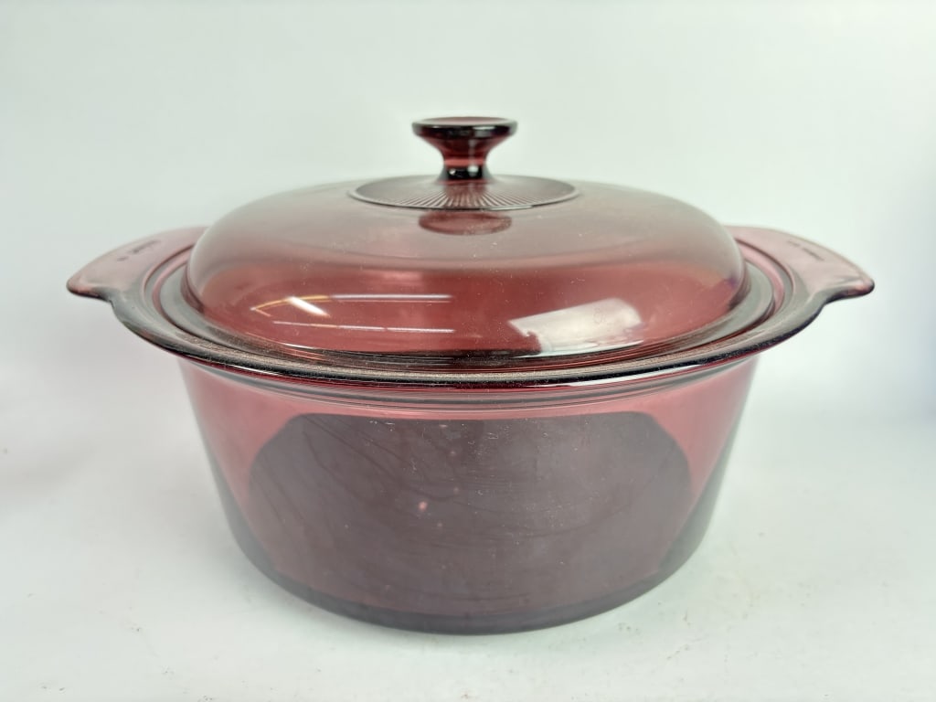 Pyrex Corning Vision Amethyst Glass Pot: Pyrex Corning Vision Amethyst Glass Pot, 13.5in by 7.5in