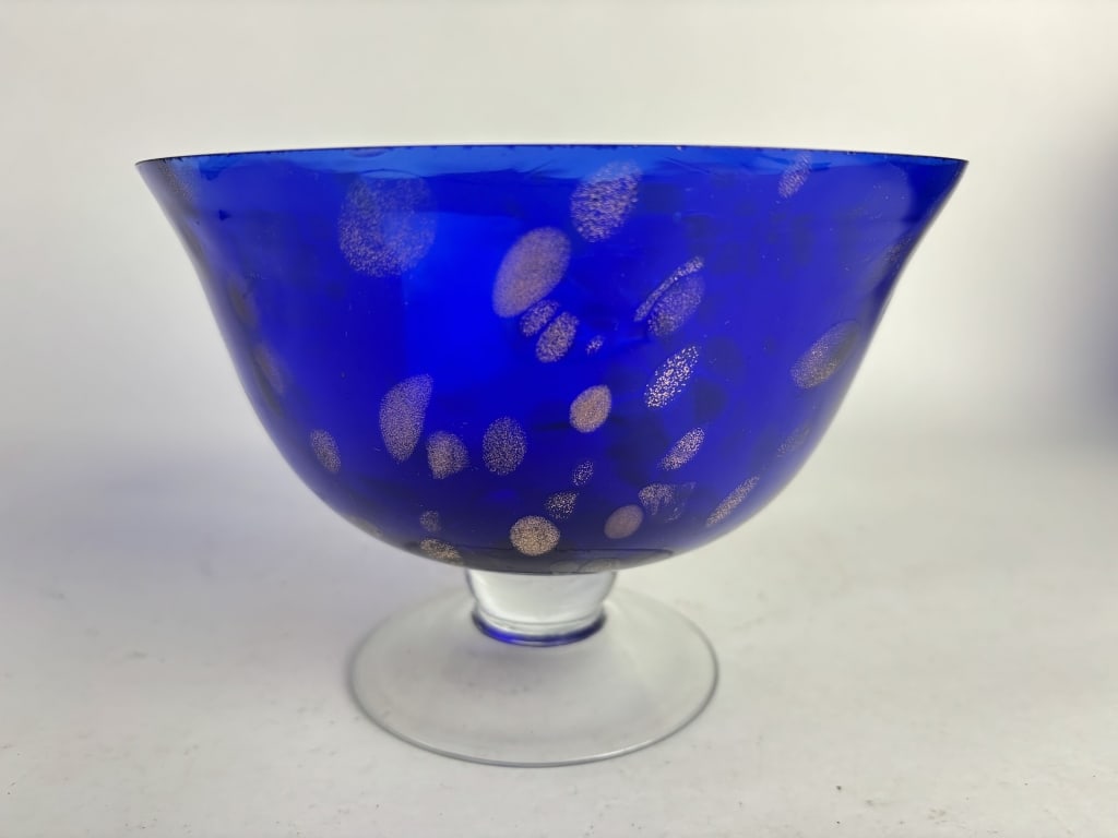 Vintage Cobalt Blue Glitter Spot Glass Pedestal Bo: Vintage Cobalt Blue Glitter Spot Glass Pedestal Bowl, 7in by 5in
