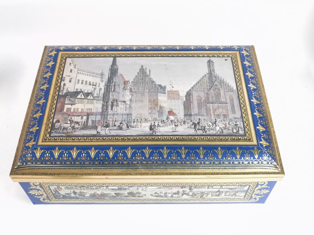 Vintage Germany Otto Schmidt Cookie Tin: Vintage Germany Otto Schmidt Cookie Tin, 14.5in by 10in by 5.25in