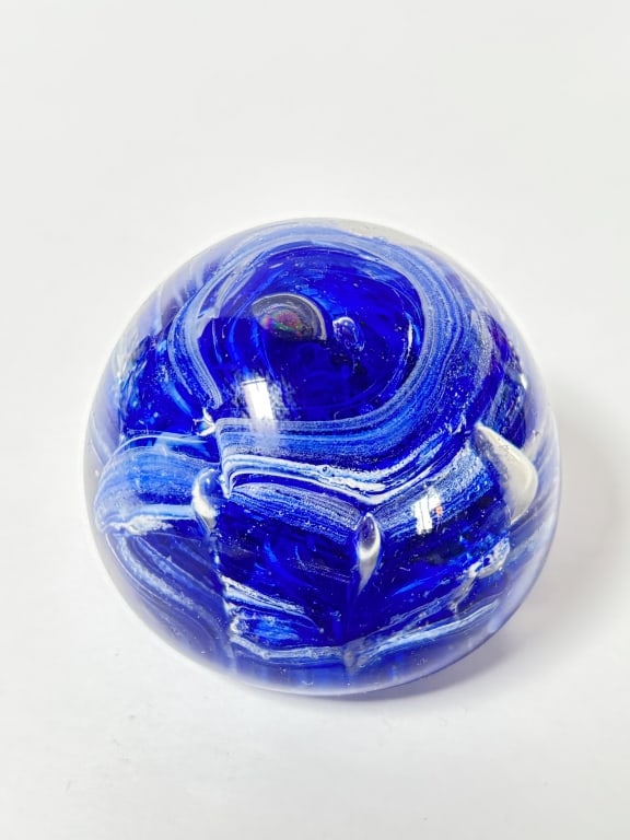 Vintage Blue and White Swirl Art Glass Paperweight (1 of 3)