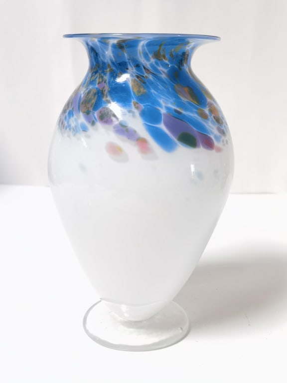 1991 Signed Splatter Art Glass Pedestal Vase (1 of 5)
