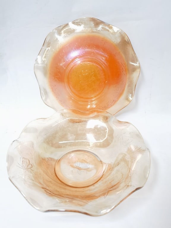 (2) Vintage Jeannette Glass Floragold Louisa Bowls: (2) Vintage Jeannette Glass Floragold Louisa Bowls, 9.75in