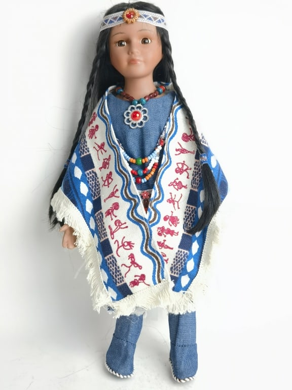 Vintage Native American Porcelain Doll: Vintage Native American Porcelain Doll, 16in