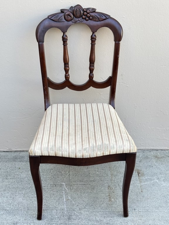Vintage Upholstered Carved Wood Dining Chair: Vintage Upholstered Carved Wood Dining Chair, 34.5in by 18.5in