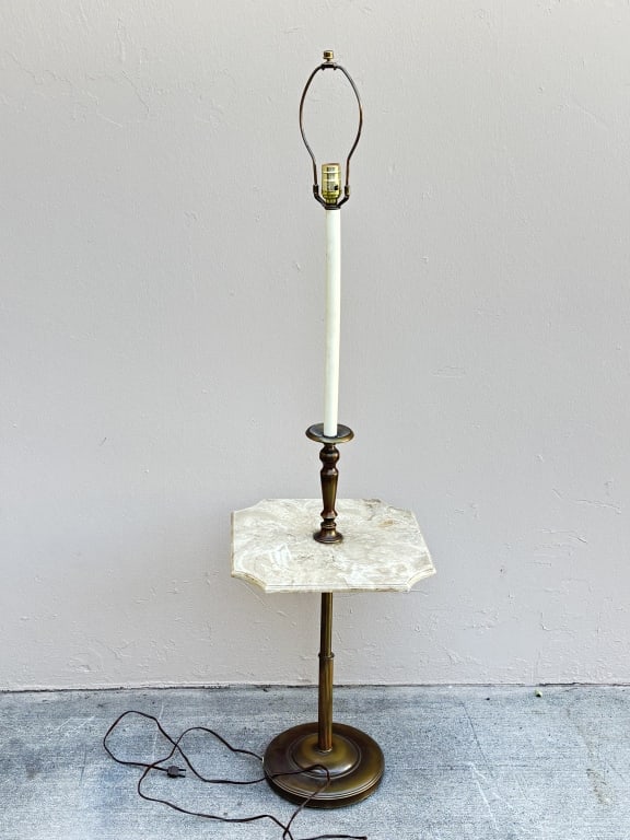 Vintage Stiffel Brass Floor Lamp with Marble Table: Vintage Stiffel Brass Floor Lamp with Marble Table, 56in, Table: 21in by 14.5in by 14.5in