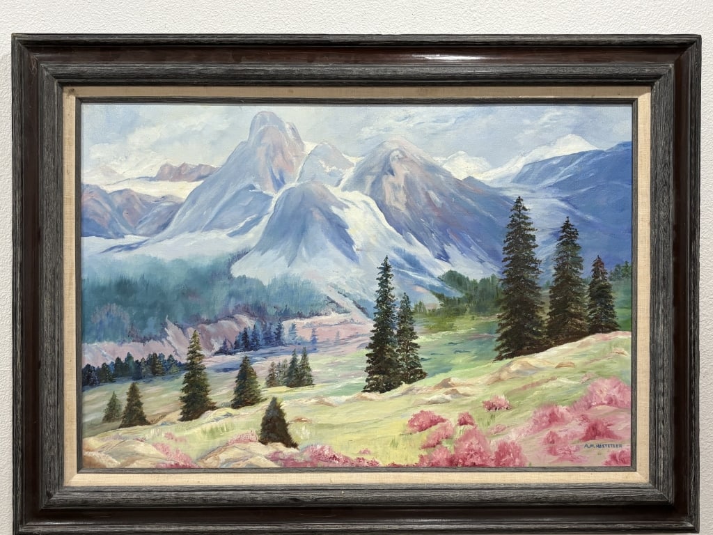Vintage Landscape Oil Painting, Signed AM Hostetle: Vintage Landscape Oil Painting, Signed AM Hostetler, 44.5in by 32in