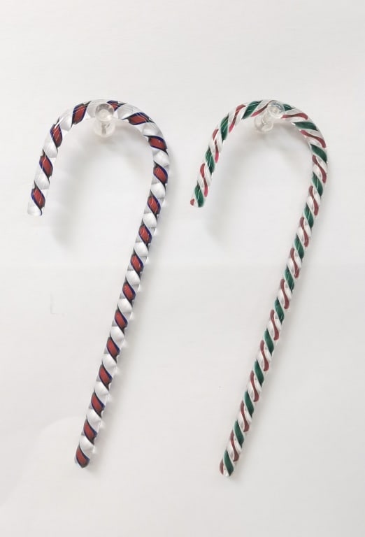 (2) Vintage Murano Italy Art Glass Candy Cane Orns: (2) Vintage Murano Italy Art Glass Candy Cane Ornaments, 6in