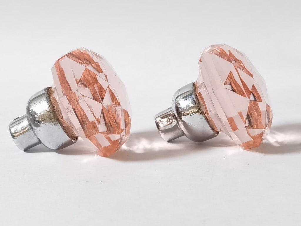 Pr. of Pink Diamond Cut Glass Door Knobs: Pr. of Pink Diamond Cut Glass Door Knobs, 2.5in