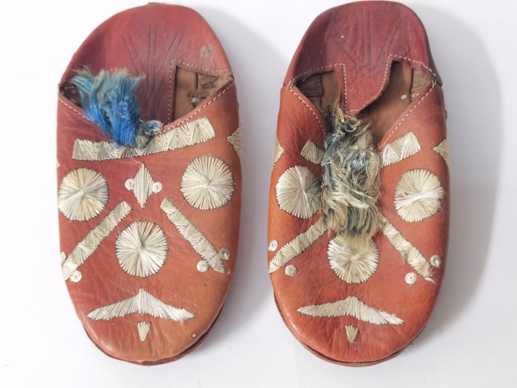 Pr. of Antique Moroccan Leather Babouche Slippers: Pr. of Antique Moroccan Leather Babouche Slippers, 9.5in