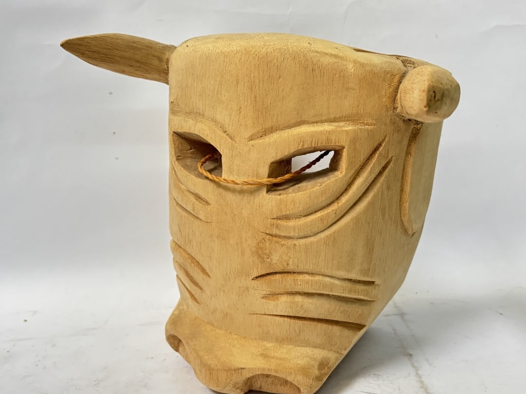 1993 Signed Hand Carved Wood Ox Mask: 1993 Signed Hand Carved Wood Ox Mask, 9.5in by 9in by 6in