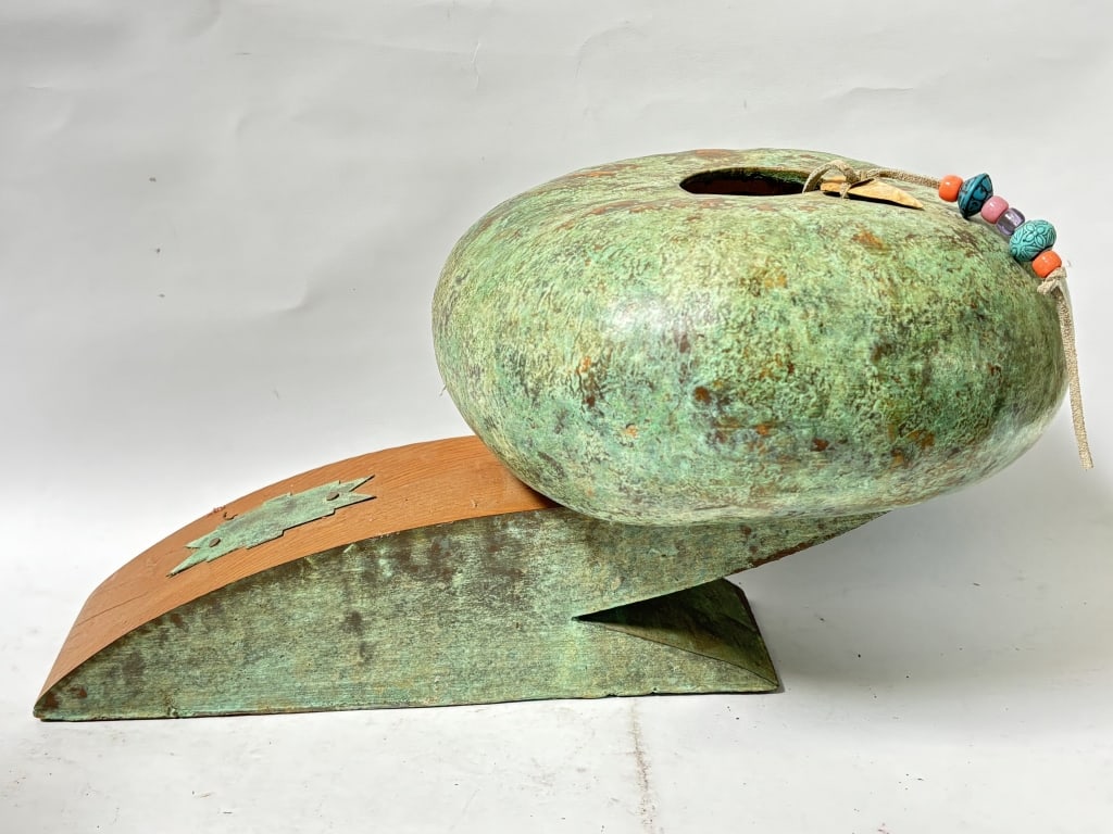 Vintage Gourd Sculpture on Wood Stand: Vintage Gourd Sculpture on Wood Stand, 16.5in by 8.5in