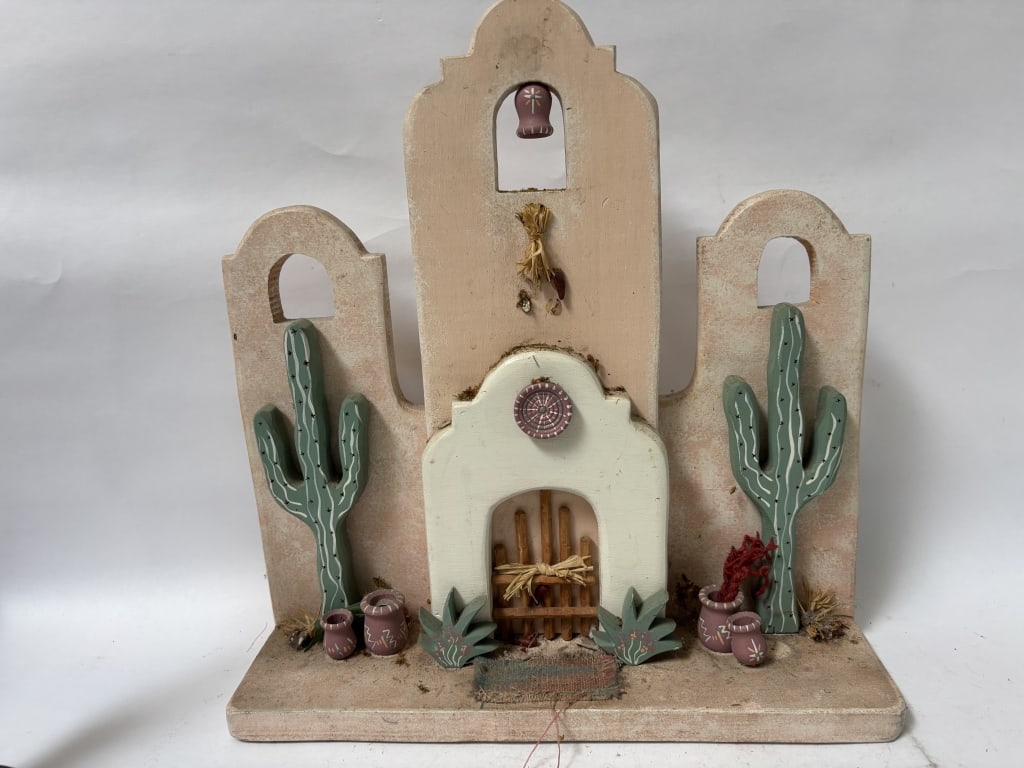Vintage Southwest Chapel House Wood Sculpture: Vintage Southwest Chapel House Wood Sculpture, 15in by 14.5in by 4.5in