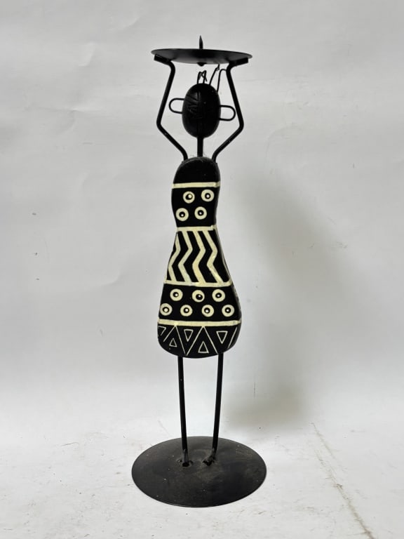 Vintage African Style Wood and Metal Candlestick: Vintage African Style Wood and Metal Candlestick, 12in