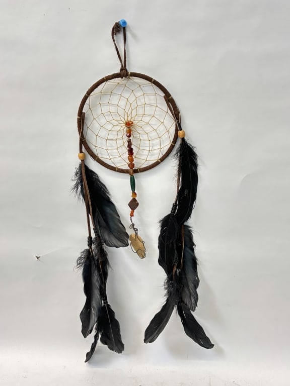 Vintage Native American Black Feather Dream Catche: Vintage Native American Black Feather Dream Catcher, 23in by 7in