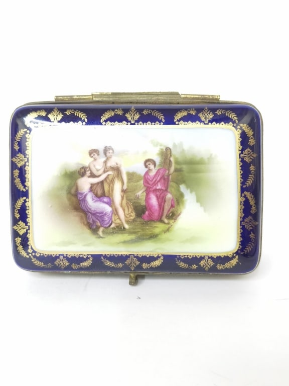 Antique FBS Germany Porcelain Trinket Box: Antique FBS Germany Porcelain Trinket Box, 5in by 3.25in by 2in