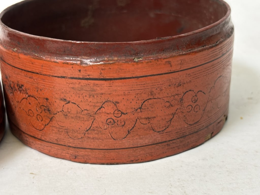 Antique Burmese Red Lacquer Round Box - 6