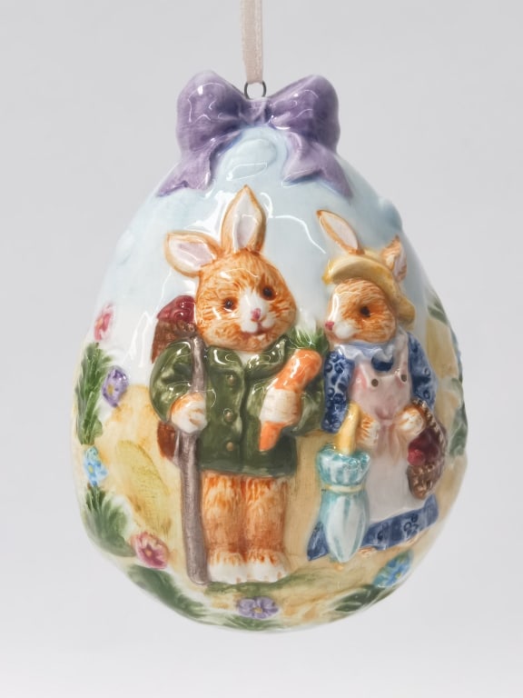 Vintage Embossed Porcelain Bunnies Egg Ornament: Vintage Embossed Porcelain Bunnies Egg Ornament, 4in