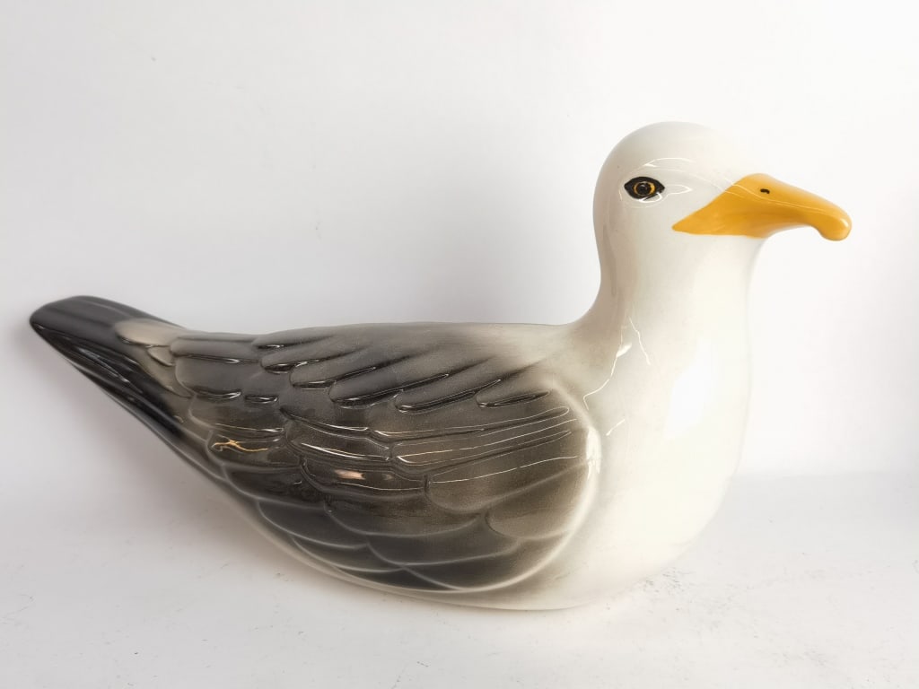 Vintage Signed R. Coffey Porcelain Sea Gull: Vintage Signed R. Coffey Porcelain Sea Gull, 14in by 7.75in