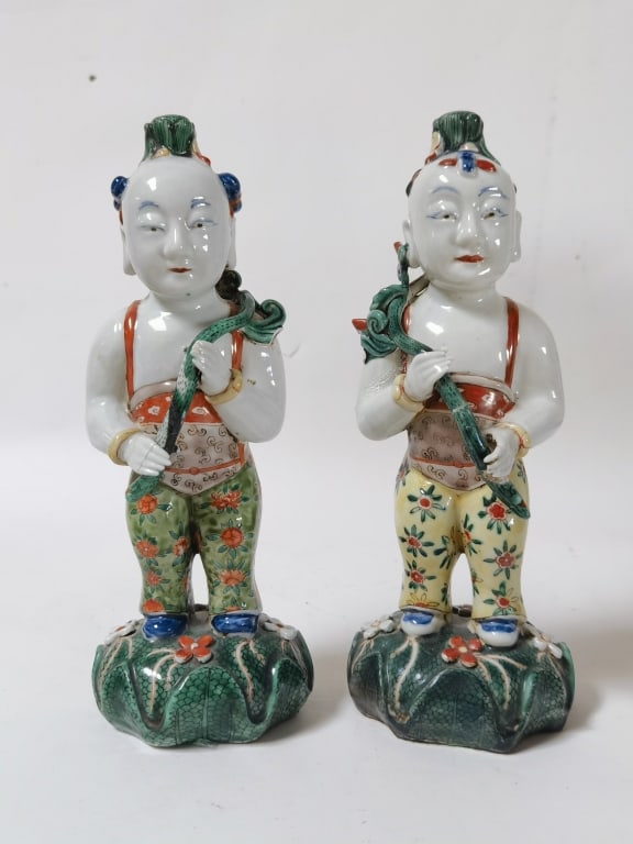 Pr. of 19th C. Chinese Porcelain Wucai Deities: Pr. of 19th C. Chinese Porcelain Wucai Deities, 9.75in, Repaired