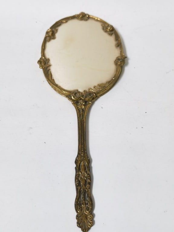 Vintage Gold-Tone Metal Vanity Hand Mirror: Vintage Gold-Tone Metal Vanity Hand Mirror, 13.5in by 5in