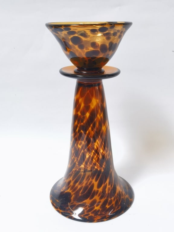 Vintage Hand Blown Tortoise Shell Art Glass Candle: Vintage Hand Blown Tortoise Shell Art Glass Candle Holder, 12.5in