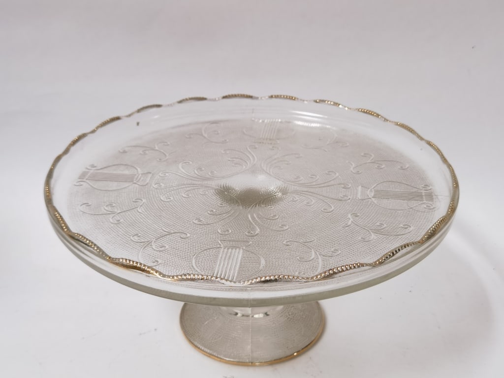 Vintage Gilt Rim Clear Depression Glass Cake Stand: Vintage Gilt Rim Clear Depression Glass Cake Stand, 10.25in by 4.75in