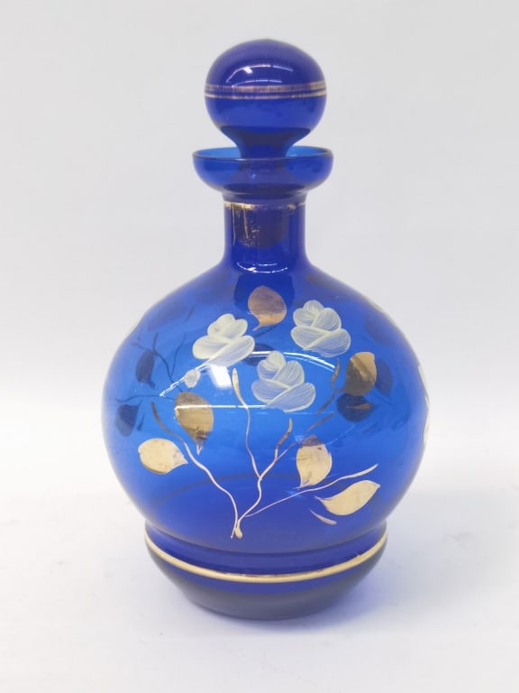 Vintage Gilt Cobalt Blue Glass Decanter: Vintage Gilt Cobalt Blue Glass Decanter, 8.5in