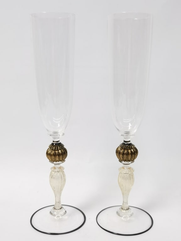 Pr. of Vintage Murano Italy Champagne Glasses: Pr. of Vintage Murano Italy Champagne Glasses, 11in