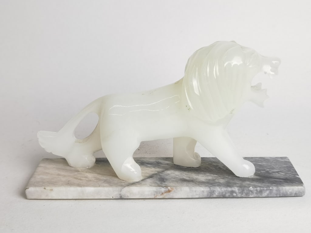 White Agate Lion on Marble Base - 2
